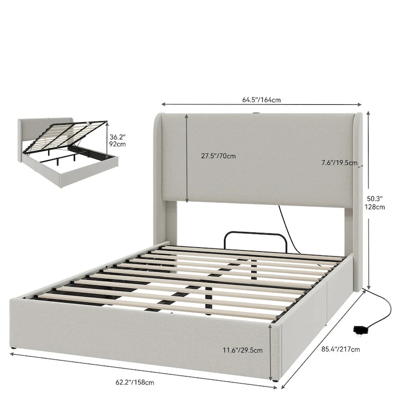 Cadre de lit de rangement à vérins hydrauliques avec ports USB/Type-C – 499 kg