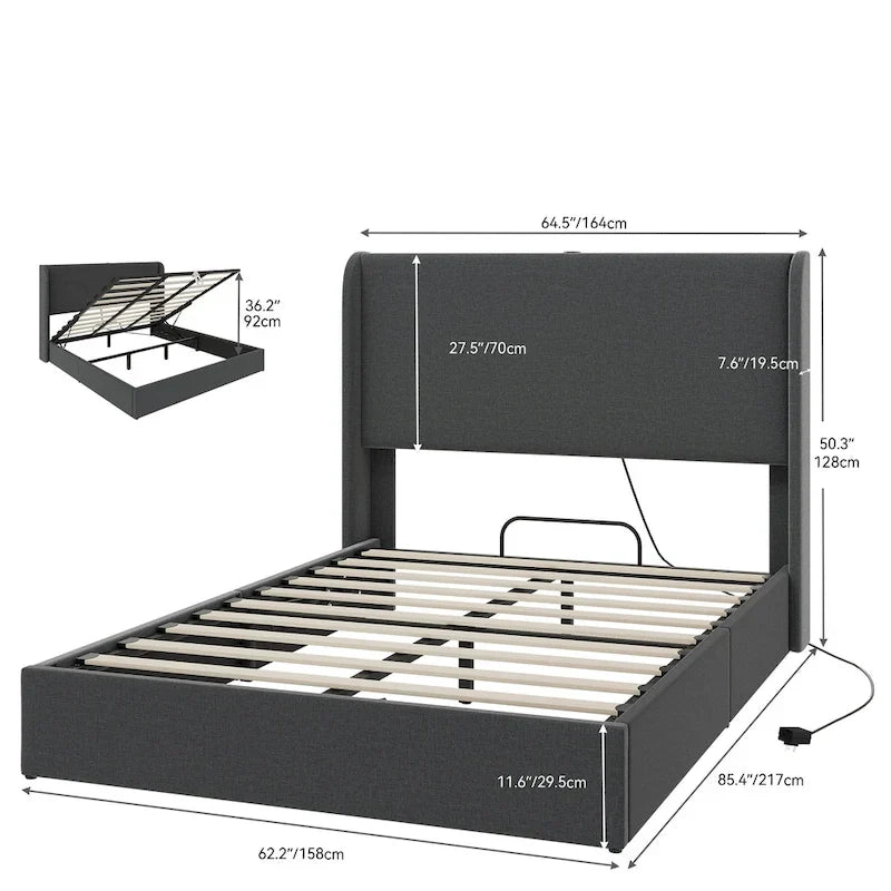 Cadre de lit de rangement à vérins hydrauliques avec ports USB/Type-C – 499 kg