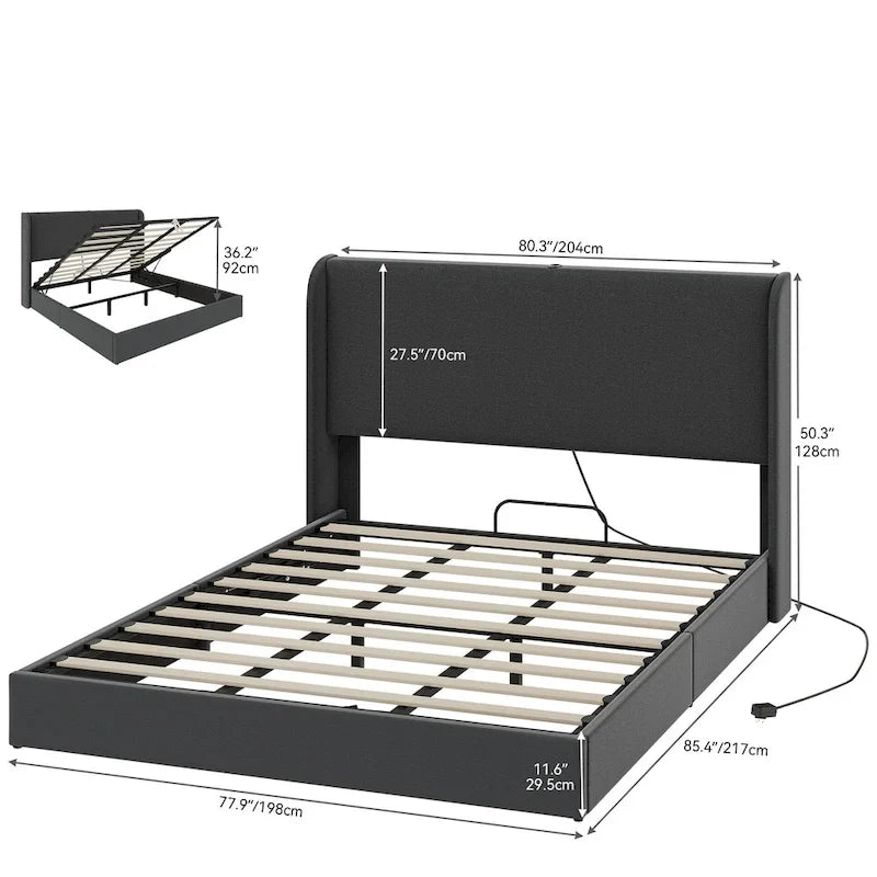 Cadre de lit de rangement à vérins hydrauliques avec ports USB/Type-C – 499 kg