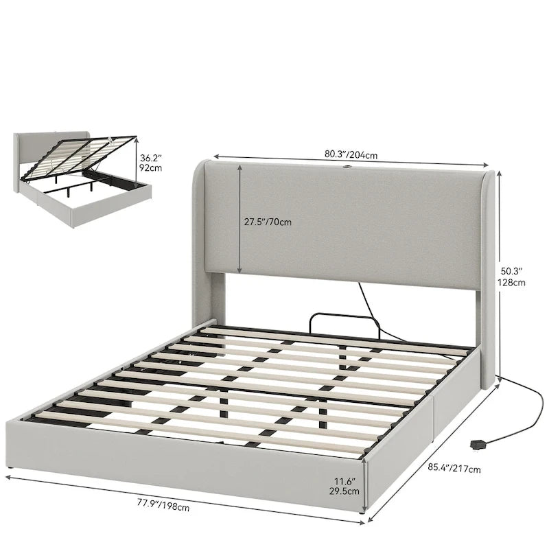 Cadre de lit de rangement à vérins hydrauliques avec ports USB/Type-C – 499 kg